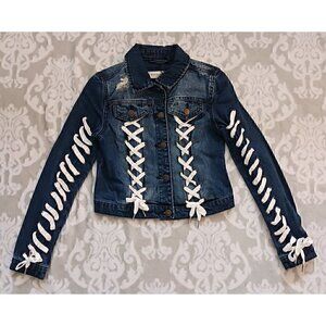 Blue Revival Crop White Laced Up Denim Jacket/NWT, Size Small